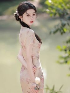 Young Girls Floral Print Cheongsam Dress Vintage Chinese Style High Slit Short Sleeve Womens Fashion Daily Wear Gown