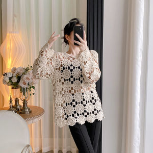 Pure Cotton Cut Out Crochet French Style Long Sleeve Tops Female 2024 Spring and Autumn Fashionable Outerwear Popular Hollow-out Knitted Blouse