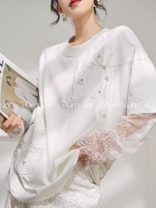PlumJan | Áo Thun Mới Mùa Hè Voan Đục Lỗ Có Ngọc Trai và Tầng Trắng