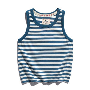 เสื้อยืดแขนกุดลายทางคอตตอนสีน้ำเงินขาวสไตล์ย้อนยุคสำหรับเด็ก ฤดูร้อน 2022 เสื้อผ้าเด็กผ้าฝ้ายแท้ คอกลม แขนกุด