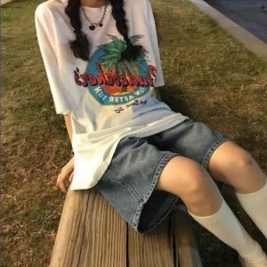 Retro Denim Shorts Womens Summer Thin Outwear High Waist Slim Looking Fifth Pants Stylish Straight-leg Wide Leg Middle Pants