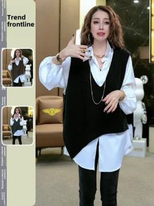 Womens Knitted Vest Set Long Sleeve Loose Fit Asymmetrical Design Spring Autumn White Shirt Elegant Two-Piece Outfit