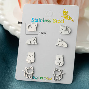 4Pairs/Lot Cartoon Animal Earings Set Multiple Stainless Steel Cat Stud Earrings for Women Girls Funny Kitty Jewelry Xmas Gift