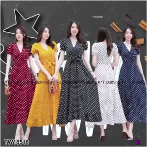 AK 18518 Dress เดรสยาว แขนพอง คอวี - แขนพอง คอวี สีฟ้า เดรสยาว