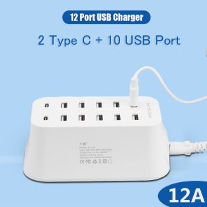12 Port USB Charger Station Smart Charge 10 USB 2 Type C Fast Charging Hub Desktop Wall Charger for Mobile Phone Tablet
