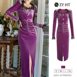 HT EraVogue เดรสผู้หญิง เดรสถึง 5 รายวัติ เดรสสีม่วง เดรสแขนยาว เดรสคอเหลี่ยม เดรสกำมะหยี่ เดรสไฮโซ เดรสวินเทจ เดรสออกงาน เดรสปาร์ตี้ เดรสฝรั่งเศส