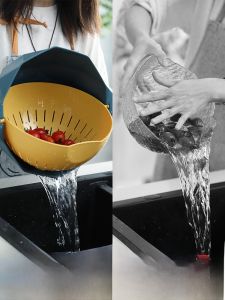 Innovative Double Layer Plastic Vegetable Washing Basin Drain Basket Kitchen Living Room Flip Creative Water Filtering Basket Home Use Fruit Washing Tray Sieve Large Size