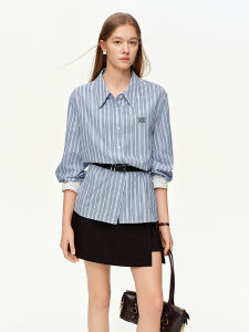 DUSHU | Lace Trimmed Striped Waist-Cinching Shirt