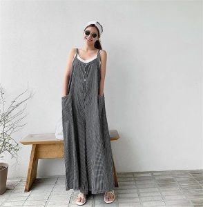 Korean Style New Vacation Style Casual Easiest for Match Large Pocket Loose and Cute Cotton and Linen Stripes Overalls Female Loose Pants