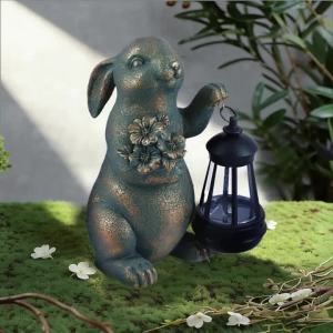 Bronze Finish Bunny Figurine with Solar Lantern & Flowers - Outdoor Garden Decor