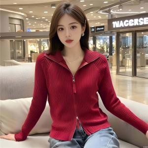 K-style Fashion Adult Lady like Woman Lightly Mature Tops Fall and Winter New Arrival Double-Headed Long-Sleeve Zipper Short New Year Red Knitting Cardigan