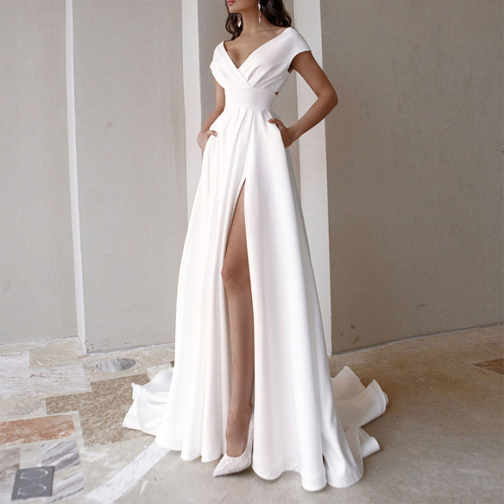 FALLEG Evening Dresses V-Neck Slit A Line with Pockets Wrap Drerss Mid-waist Long Dresses