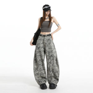 American Leopard Print 3D Patterened Wide Leg Pants Casual Bootcut Jeans Womens Loose Personality Fashionable Trousers