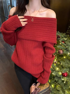 เสื้อสเวตเตอร์คอวีสีแดง ทรงหลวม แขนยาว ปกติ อบอุ่น สำหรับผู้หญิง ฤดูใบไม้ร่วง/ฤดูหนาว 2025 ใหม่ ลำลอง ไฮเอนด์ โชว์ไหล่