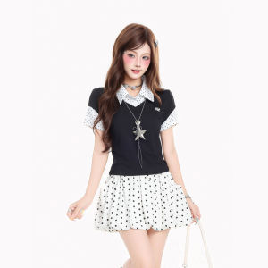 Y2K School Style Slim Fit Polka Dot Blouse Short
