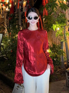 New Chinese Style Red Floral Embroidery Long Sleeve Shirt Womens Fashion Spring 2025 Unique Design Premium Quality Top