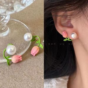925 Silver Needle One Style for Dual-Wear Pink Tulip Pearl Stud Earrings Hot Earrings Internet Celebrity Classy Graceful Earrings