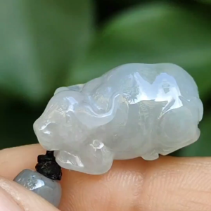 Crafted as Small Cow with Semi Icy Translucent Quality Natural Type A Jadeite Jade as Pendant Necklace QIC Labs approved certificate weighs 7.15 grams measurement 22.5 * 13.2 * 12 mm (pendant308)