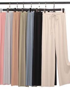 Solid Color Ice Silk Wide Leg Pants Womens Summer Casual High Waist Loose Fit Trousers Versatile Ice Silk Pants