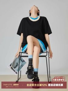 เสื้อยืดคอกลมแขนสั้นทรงหลวมสำหรับผู้หญิง สีดำ คอลเลกชั่นฤดูร้อน 2025 ดีไซน์ใหม่ คอกลมสามชั้น ทรงหลวม สไตล์เกาหลี เสื้อตัวบนสุดเทรนด์