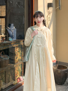 Artisanal Heavywork Yellow Bowknot Sweet Japanese Style Long Dress Womens Spring Autumn Short Design Sense French Style Dress