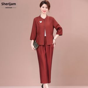 SHERIHAM | Youthful Slimming Mid-Age Summer Outfit Set 7/8 Sleeve Top Wide Leg Pants