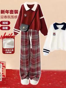 Red New Year Childrens Outfit Set for Girls Thickened Fleece Autumn Winter Two-Piece School Uniform Style Cartoon Print Sweatshirt And Pants