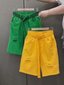 Quần Short Denim Rách Màu Vàng Cạp Cao Rộng Rãi Thường Ngày Ống Đứng Quần Năm Điểm Quần Dài Vừa Phải Mùa Hè 2025