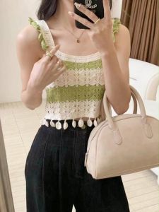 เสื้อกั๊กถักสไตล์บอสเนียสำหรับผู้หญิง เสื้อสายเดี่ยวสั้นลายกลวงบริสุทธิ์และหวานสำหรับสวมใส่ในฤดูร้อน