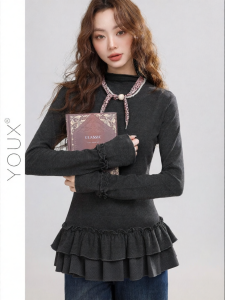 YOUXIANG | Áo Thun Cổ Tròn Viền Nếp Vintage cho Mùa Thu và Đông
