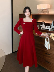 Red Long Sleeve Beaded Dress Korean Style Square Collar Wedding Dress Womens Fashionable A-Line Midi Dress for Toasts