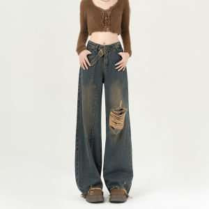 High Waist Denim Jeans Women Loose Slimming Soft Design Straight Leg Wide Leg Pants Autumn New Arrival Hole Design Cotton Blend