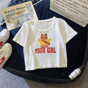 Slim Fit High Waist Short Sleeve T-Shirt Womens Style Korean round Neck Print Youth Summer Fashion Casual Comfortable Top