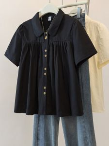 SHIMANQING | Black Doll Collar Short Sleeve Slimming Plus Size Womens Shirt