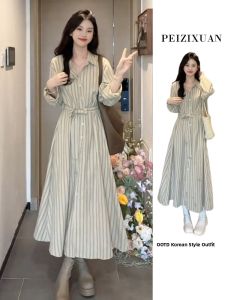 PEIZIXUAN | Autumn French Style Striped Dress for Petite Long Dress