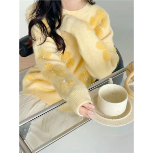 Áo Len Dệt Kim Dày Mềm Mại Màu Xanh Lam Cho Nữ Mùa Thu Đông Dài Tay Cổ Tròn Dáng Rộng Thoải Mái Mặc Thường Ngày