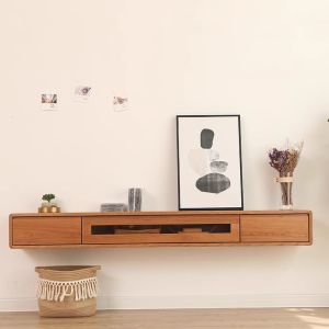 Nordic Style Solid Wood TV Cabinet Wall-Mounted Black Walnut Bedroom Floating Shelf Simple Oak Living Room Ultra-Narrow