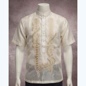 【 PREMIUM 】Modern Polo Barong Piña Organza Short Sleeves Embroidery Mandarin Collar
