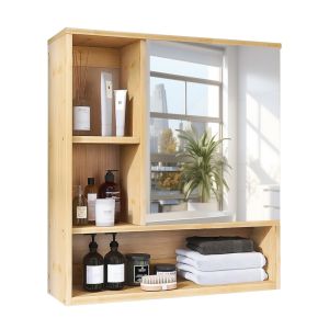 Wall Mounted Bamboo Bathroom Medicine Cabinet with Mirror and Storage Shelves