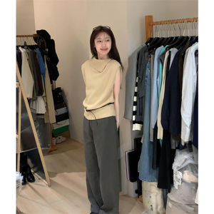 เสื้อสเวตเตอร์ถักแขนกุดคอปกทรงเข้ารูปสไตล์เกาหลีสำหรับผู้หญิงในช่วงต้นฤดูใบไม้ร่วง เสื้อเชิ้ตทรงเข้ารูปสีพื้นเรียบง่าย