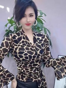 Romantic French Style Print Design Cross Tie Long Sleeve Short Top Womens Fashion Clearance Sale Lace Shirt Asymmetrical Hem V-neck