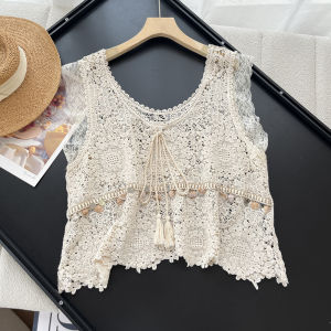 เสื้อกล้ามแขนกุดประดับเปลือกหอยสไตล์โบฮีเมียนฤดูร้อนสำหรับผู้หญิง เสื้อคลุมกันหนาวแบบสวมหัวคอตตอนสีพื้น ทรงหลวม แขนกุด