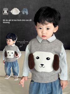 Bộ Quần Áo Bé Trai Áo Kẻ Sọc Cổ Áo Len Hình Thú Quần Jeans Rộng
