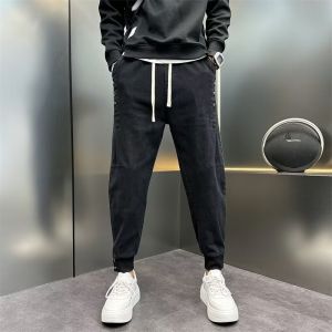 Mens Slim Fit Harem Jeans Black Trendy Brand Autumn New Style Button Decoration Elastic Waist Cuffed Denim Pants