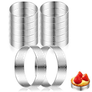 LMETJMA 12 Pcs Round Tart Rings Perforated Baking Tart Rings Stainless Steel Nonstick Cake Mousse Rings Dessert Rings JT351