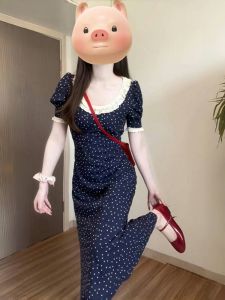 French Vintage Polka Dot Bubble Sleeve Dress Womens Summer Slimming Long Dress High Waist Elegant High-End Feeling A-Line Skirt