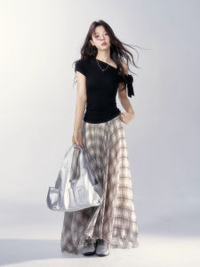 YIKEXIAOYEMEI | Chân Váy Chữ A Cạp Cao Họa Tiết Caro Vintage Mùa Hè