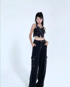 ZHI XIN  2024 new style 6 Pockets Jeans Cargo Pants Highwaist  Baggy Casual Womens Wide Leg Pants