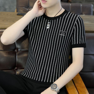 เสื้อยืดแขนสั้นผู้ชายลายทางคอตตอนเนื้อนุ่มระบายอากาศได้ดีสำหรับฤดูร้อน เสื้อชั้นในถักผ้าไหมน้ำแข็งสุดหรูจากแบรนด์ Danlian Fox