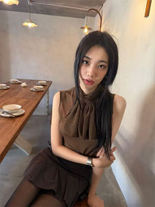 Womens High Collar Sleeveless Vest Butterfly Knot Asymmetrical Drapey Versatile Top Elegant Slim Fit Regular Length Summer